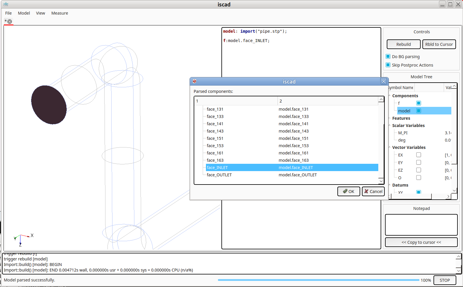 InsightCAE ISCAD import STP with named faces